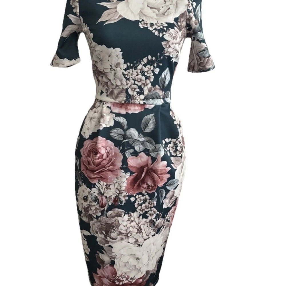ASOS Teal Floral Dress Sz 4 Scuba Bodycon Pleated Pockets Office Party Cocktail